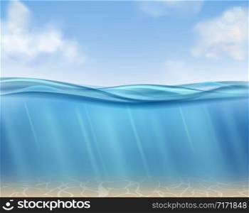 Ocean surface. Underwater blue water ocean, suns rays and seabed. Clouds, sea waves horizontal panorama. Isolated realistic vector empty undersea deep texture. Ocean surface. Underwater blue water ocean, suns rays and seabed. Clouds, sea waves horizontal panorama. Isolated realistic vector texture