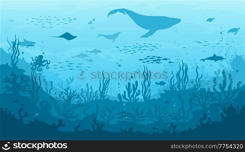 Ocean underwater landscape, seaweed and reef, fish school, whale silhouette. Sea bottom landscape, seafloor seascape vector background with ocean flora and fauna, corals, sea animal silhouettes. Ocean underwater landscape with reef fish whale