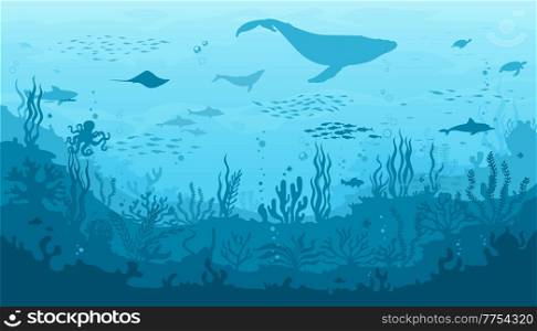 Ocean underwater landscape, seaweed and reef, fish school, whale silhouette. Sea bottom landscape, seafloor seascape vector background with ocean flora and fauna, corals, sea animal silhouettes. Ocean underwater landscape with reef fish whale