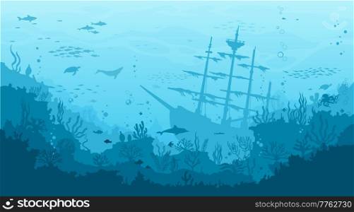 Ocean underwater landscape with sunken sailing ship, seaweed and reef. Deep sea world, seabed landscape vector background with undersea life. Seafloor aquatic scene with pirate caravel silhouette. Ocean underwater landscape with sunken ship