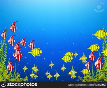 Ocean Underwater World. Coral Reef with Alga and Fish. Vector.