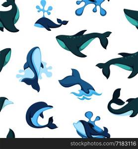 Ocean water and dolphin animals seamless pattern vector. Wildlife of fish friendly to people, creature with splashing water. Cetacean with tail fin and drops, dolphinarium tropical unique place. Ocean water and dolphin animals seamless pattern vector.