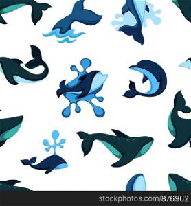 Ocean water and dolphin animals seamless pattern vector. Wildlife of fish friendly to people, creature with splashing water. Cetacean with tail fin and drops, dolphinarium tropical unique place. Ocean water and dolphin animals seamless pattern vector