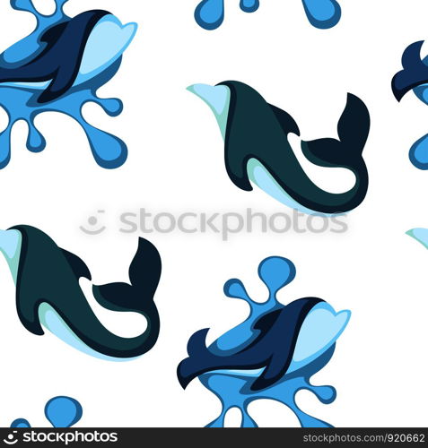 Ocean water and dolphin animals seamless pattern vector. Wildlife of fish friendly to people, creature with splashing water. Cetacean with tail fin and drops, dolphinarium tropical unique place. Ocean water and dolphin animals seamless pattern vector.