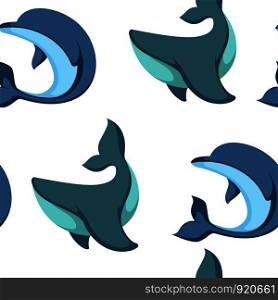 Ocean water and dolphin animals vector seamless pattern. Wildlife of fish friendly to people, creature with splashing water. Cetacean with tail fin and drops, dolphinarium tropical unique place. Ocean water and dolphin animals seamless pattern vector.