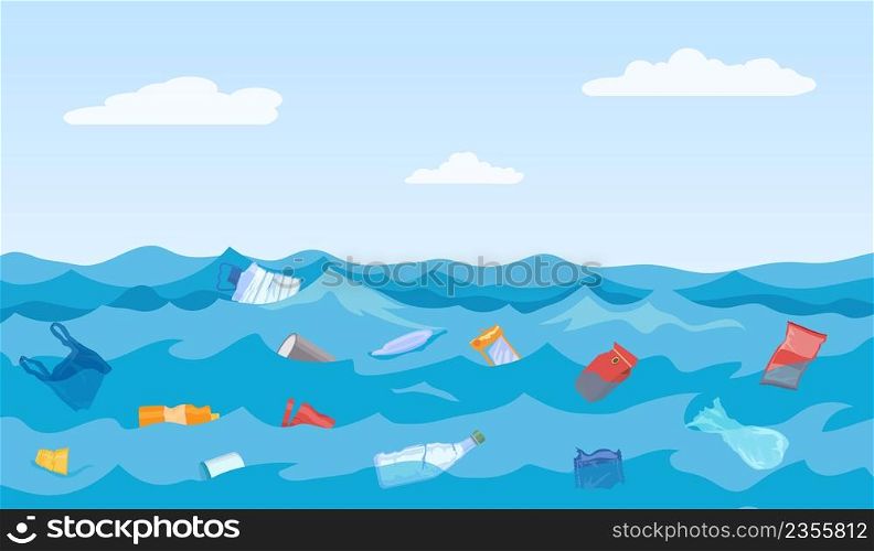 Ocean water polluted with plastic waste bottles and bags. Sea environment pollution with floating garbage. Ecological crisis vector concept. Global disaster, ecological problem with litter. Ocean water polluted with plastic waste bottles and bags. Sea environment pollution with floating garbage. Ecological crisis vector concept