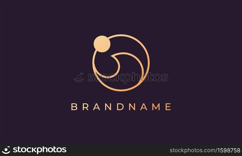 Ocean water wave and sun in a circle with a gold line art style suitable for logo and icon