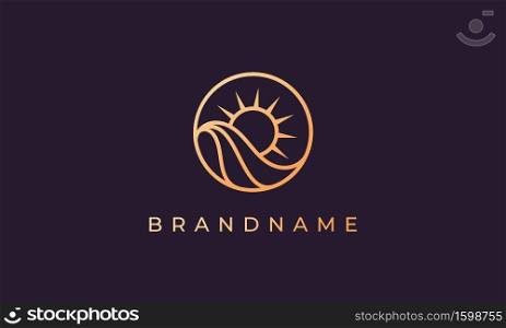 Ocean wave and sun in a circle with a gold line art style suitable for logo and icon
