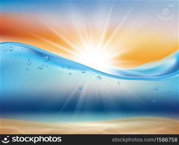Ocean wave background with sun. Water landscape with sunrise or sunset and underwater life liquid surface splashes drops and bubbles 3d realistic background vector illustration. Ocean wave background with sun. Water landscape with sunrise or sunset and underwater life liquid surface splashes drops and bubbles 3d realistic background
