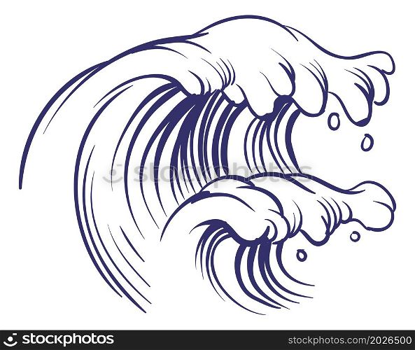 Ocean wave in hand drawn style. Blue pen ink sketch isolated on white background. Ocean wave in hand drawn style. Blue pen ink sketch