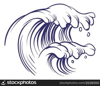 Ocean wave in hand drawn style. Blue pen ink sketch isolated on white background. Ocean wave in hand drawn style. Blue pen ink sketch