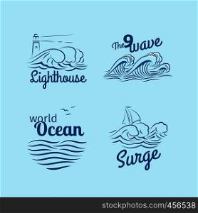 Ocean wave logo set. Emblems with waves, lighthouse and boat vector. Ocean wave logo set