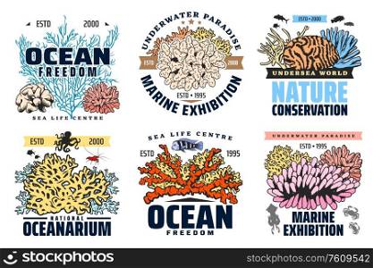 Oceanarium, undersea aquarium and tropical fishes exhibition, vector icons. Ocean underwater world and marine fauna, coral reef and animals conservation, sea life center signs. Exotic fishes oceanarium, marine world exhibition