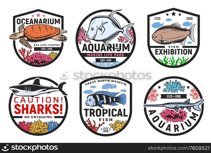 Oceanarium, undersea world aquarium and tropical fish exhibition, vector icons. Wild underwater sea and ocean monsters, animals and exotic tropical fishes exhibition, sharks no swimming warning sign. Exotic tropical sea fishes oceanarium exhibition