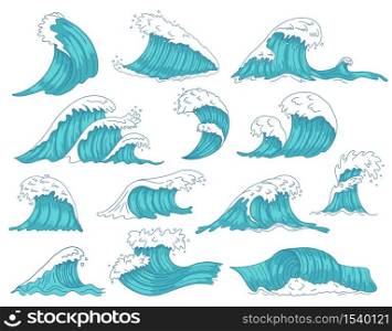 Oceanic waves. Sea hand drawn tsunami or storm waves, marine water shaft, ocean beach surfing waves isolated vector illustration icons set. Tsunami storm, sea wave motion. Oceanic waves. Sea hand drawn tsunami or storm waves, marine water shaft, ocean beach surfing waves isolated vector illustration icons set