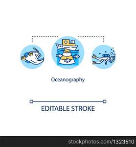 Oceanography concept icon. Underwater organism observation. Dive to find fish. Deep ocean life research idea thin line illustration. Vector isolated outline RGB color drawing. Editable stroke