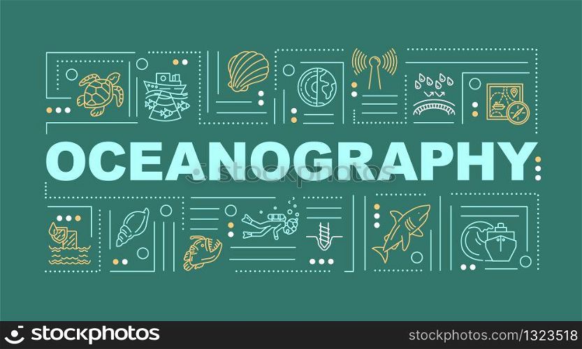 Oceanography word concepts banner. Underwater environment. Oceanology science. Infographics with linear icons on green background. Isolated typography. Vector outline RGB color illustration