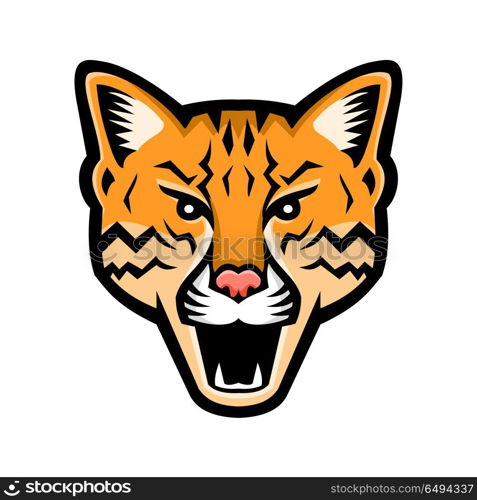 Ocelot Head Front Mascot. Sports mascot icon illustration of head of an ocelot or Leopardus pardalis, a wild cat native to the Americas viewed from front on isolated background in retro style.. Ocelot Head Front Mascot