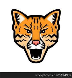 Ocelot Head Front Mascot. Sports mascot icon illustration of head of an ocelot or Leopardus pardalis, a wild cat native to the Americas viewed from front on isolated background in retro style.. Ocelot Head Front Mascot