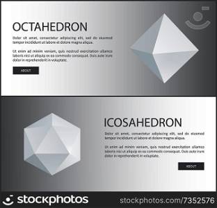 Octahedron and icosahedron three-dimensional shapes, regular solid figures with equal triangular faces geometric 3D in white vector web poster. Octahedron and Icosahedron Three-Dimensional Shape