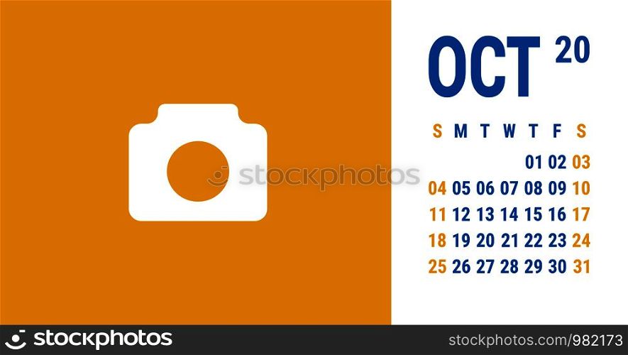 October 2020 calendar. English desk or wall calender template. Vector grid. Office business planning. Planner's design. Yellow and blue colors