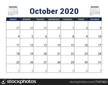 October 2020 calendar. English planner. ?olor vector template. Week starts on Sunday. Business planning. New year calender. Clean minimal table. Simple design