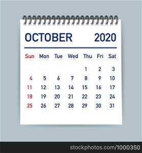 October 2020 Calendar Leaf. Calendar 2020 in flat style. Vector stock illustration.. October 2020 Calendar Leaf. Calendar 2020 in flat style. Vector illustration.