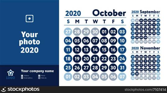 October 2020 calendar. New year planner design. English calender. Blue color vector template. Week starts on Sunday. Business planning.