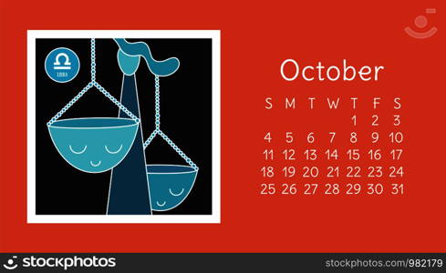 October 2020. Calendar. Zodiac sign: libra. Vector horoscope. Astrological calender. Color design