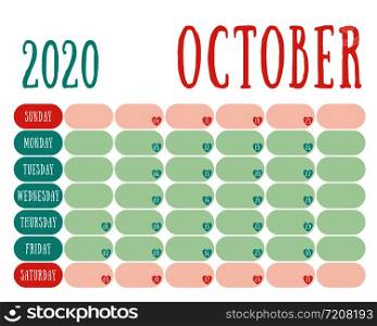October 2020 diary. Calendar. Cute trend design. New year planner. English calender. Green and red color vector template. Notebook for notes. Week starts on Sunday. Planning. Hearts