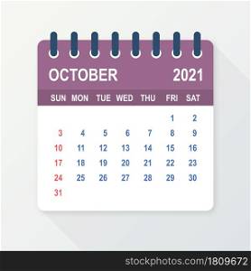 October 2021 Calendar Leaf. Calendar 2021 in flat style. Vector illustration. October 2021 Calendar Leaf. Calendar 2021 in flat style. Vector illustration.
