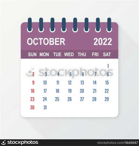 October 2022 Calendar Leaf. Calendar 2022 in flat style. Vector illustration. October 2022 Calendar Leaf. Calendar 2022 in flat style. Vector illustration.