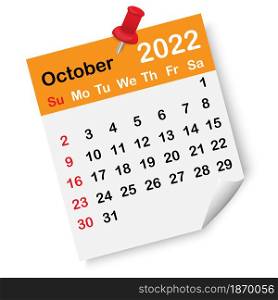October 2022 calendar. Orange page. Red drawing pin. Wall art design. Simple icon. Vector illustration. Stock image. EPS 10.. October 2022 calendar. Orange page. Red drawing pin. Wall art design. Simple icon. Vector illustration. Stock image.