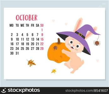 October 2023 calendar. Cute bunny Halloween wearing witch hat with spider and big orange pumpkin. Vector illustration. horizontal Template. Week from Monday In English