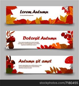 October banners. Autumn golden leaves on horizontal banners posters of set. Vector illustration. October banners. Autumn leaves horizontal banner set