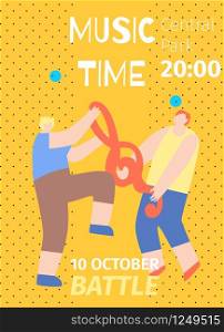 October Battle Invitation Flat Poster Music Time Concept Vector Illustration Cartoon Funny Guy Characters Fighting over Treble Clef Announcement Template Advertisement Banner Promotion Flyer. Music Time October Battle Invitation Flat Poster
