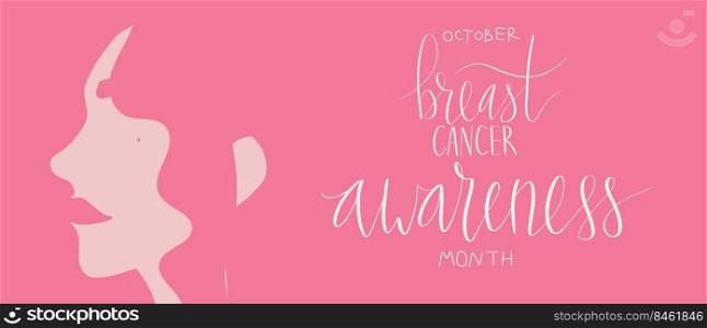 October Breast Cancer Awareness Month c&aign web banner. Hand drawn woman illustration. Handwritten lettering vector art. October Breast Cancer Awareness Month c&aign web banner. Hand drawn woman illustration. Handwritten lettering vector