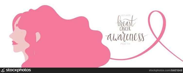 October Breast Cancer Awareness Month c&aign web banner. Hand drawn woman illustration. Handwritten lettering vector art. October Breast Cancer Awareness Month c&aign web banner. Hand drawn woman illustration. Handwritten lettering vector