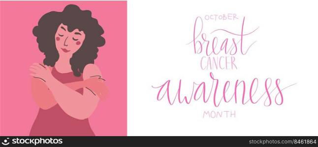 October Breast Cancer Awareness Month c&aign web banner. Woman Handwritten lettering vector art.. October Breast Cancer Awareness Month c&aign web banner. Woman Handwritten lettering vector