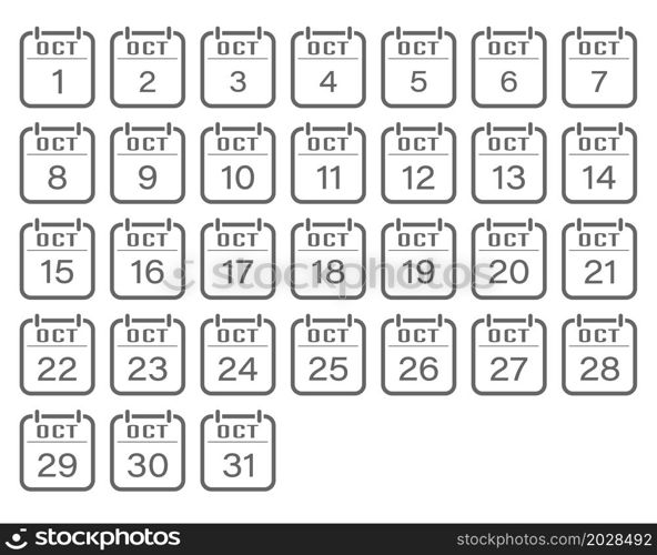 October is a month with numbers. A set of calendar sheets for a website, applications, scrapbooking and creative design. An empty contour. Flat design.