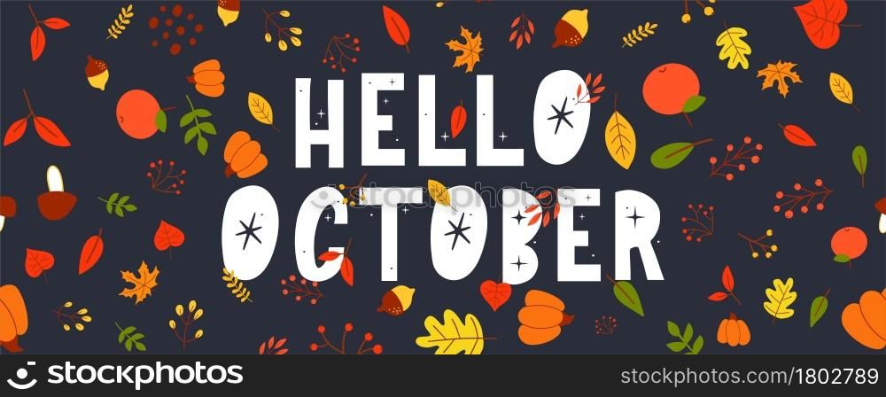 October lettering text vector banner with colorful autumn leaves. October lettering text sale vector banner with colorful autumn leaves