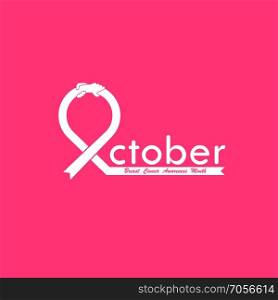 October typographical & Hand Pink ribbon icon.Breast Cancer October Awareness Month Typographical Campaign Background.Women health vector design.Breast cancer awareness logo design.Breast cancer awareness month icon.Pink ribbon.Pink care logo.Vector illustration