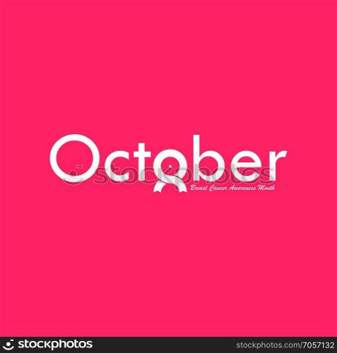 October typographical & ribbon icon.Breast Cancer October Awareness Month Typographical Campaign Background.Women health vector design.Breast cancer awareness logo design.Breast cancer awareness month icon.Pink ribbon.Pink care logo.Vector illustration