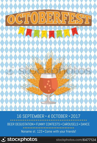 Octoberfesr Informative Poster with Snifter Gass. Octoberfest informative poster with snifter glass of beer in transparent glassware vector illustration. Dark alcohol beverage, symbol of Oktoberfest