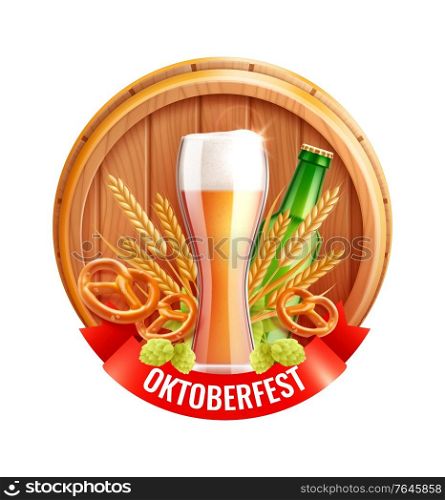Octoberfest beer round composition with set of realistic octoberfest images barrel cap hop plant and text vector illustration