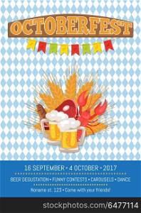 Octoberfest Oktoberfest Promotional Poster Vector. Octoberfest or Oktoberfest promo poster with checkered backdrop. Set of two pints of beer, snacks as piece of ham, dry fish, crayfish and wheat vector