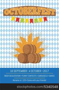 Octoberfest Oktoberfest Promotional Poster Vector. Octoberfest or Oktoberfest promotional poster with checkered backdrop. Wooden barrels with beer vector of hollow cylindrical containers on ears of wheat