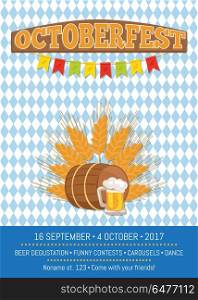 Octoberfest Oktoberfest Promotional Poster Vector. Octoberfest or Oktoberfest promotional poster with checkered backdrop. Wooden barrel with beverage and mug of beer in glass vector on ears of wheat
