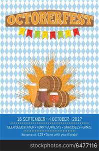 Octoberfest Oktoberfest Promotional Poster Vector. Octoberfest or Oktoberfest promotional poster with checkered backdrop. Beer degustation vector illustration on background of ears of wheat