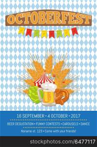 Octoberfest Oktoberfest Promotional Poster Vector. Octoberfest or Oktoberfest promotional poster with checkered backdrop. Glass of beer, traditional bakery, attraction tents and beer symbol hop.
